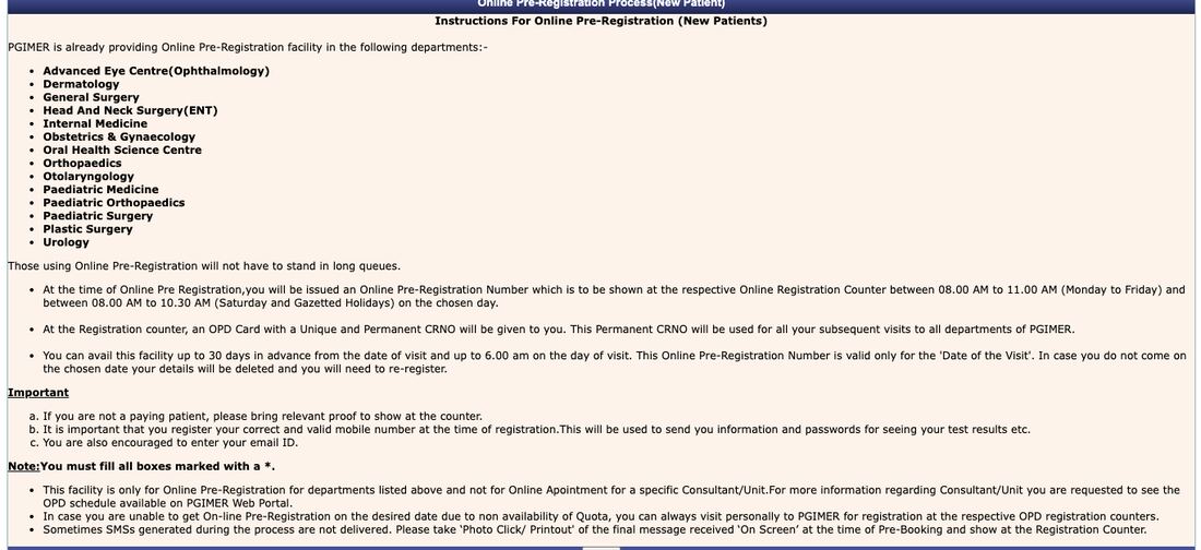 PGIMER instructions for new patients: pre-registration number, OPD card with a permanent CR number, counter timings and the need for a valid mobile number