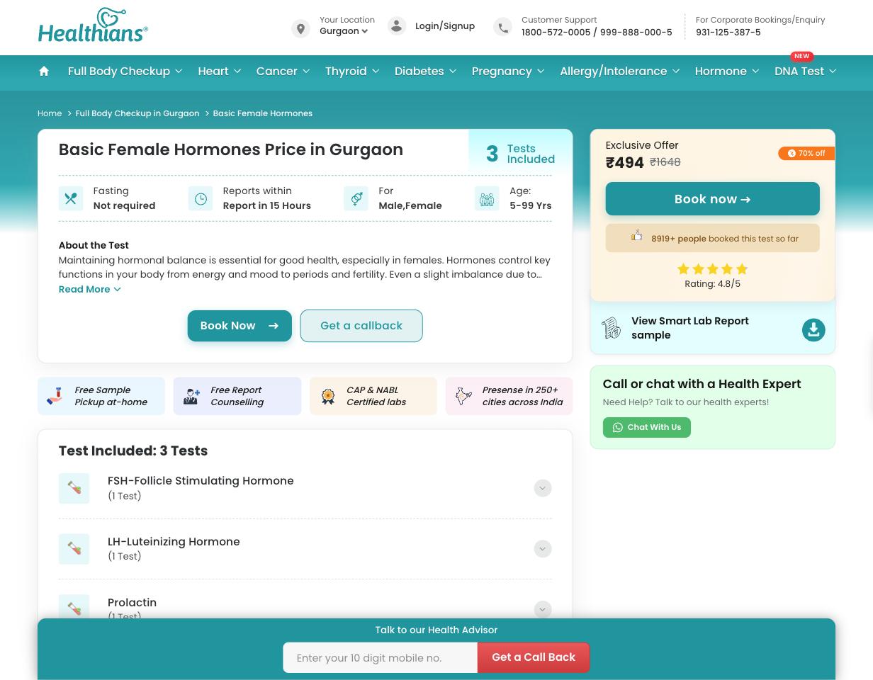 Healthians FSH / LH Hormone Panel price screenshot — ₹494