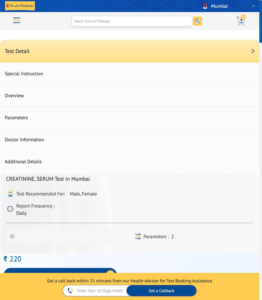 Dr Lal PathLabs Creatinine (Serum) Test price screenshot — ₹220