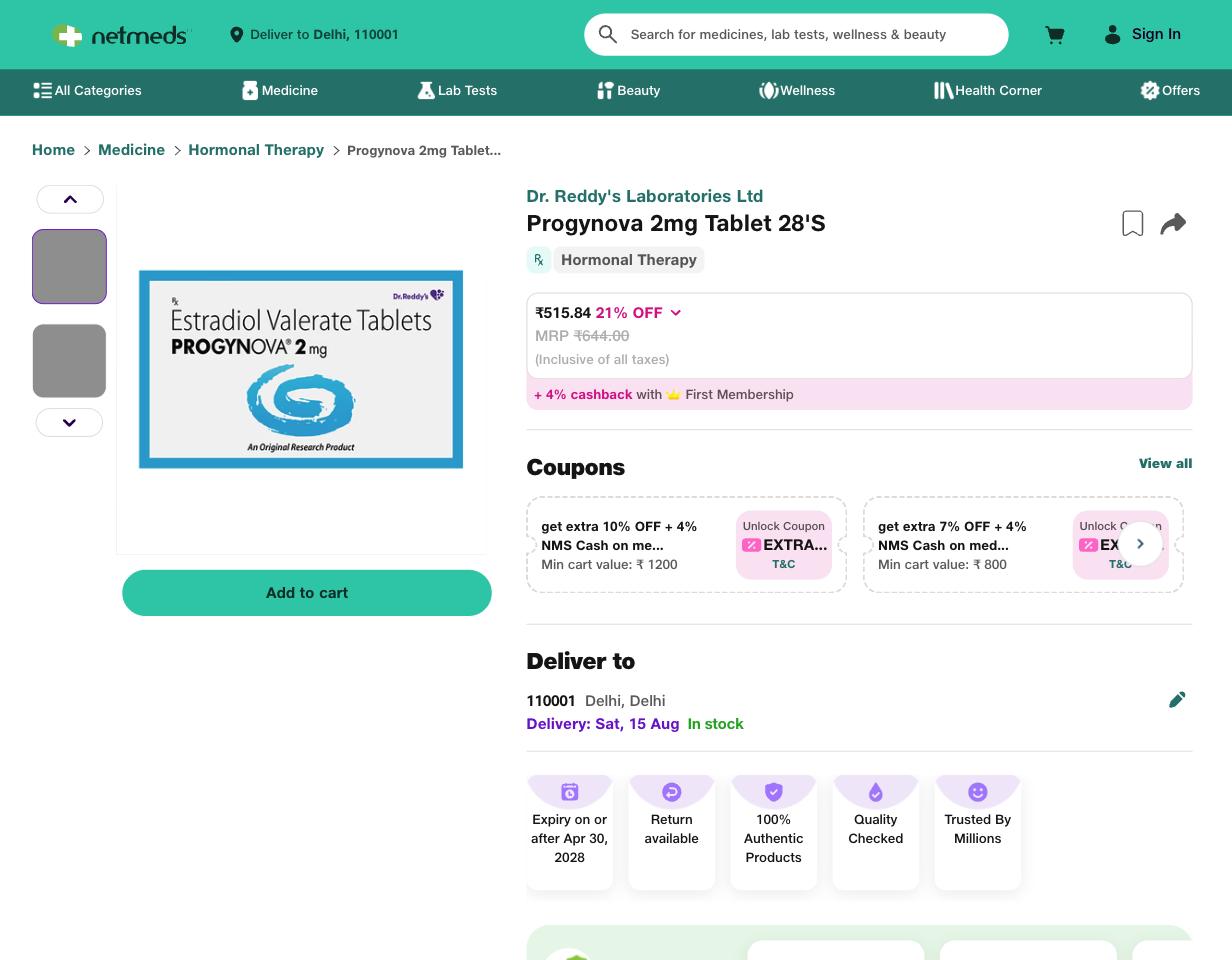 Netmeds Estradiol Valerate (Progynova 2mg, 28 Tablets) price screenshot — ₹515.84