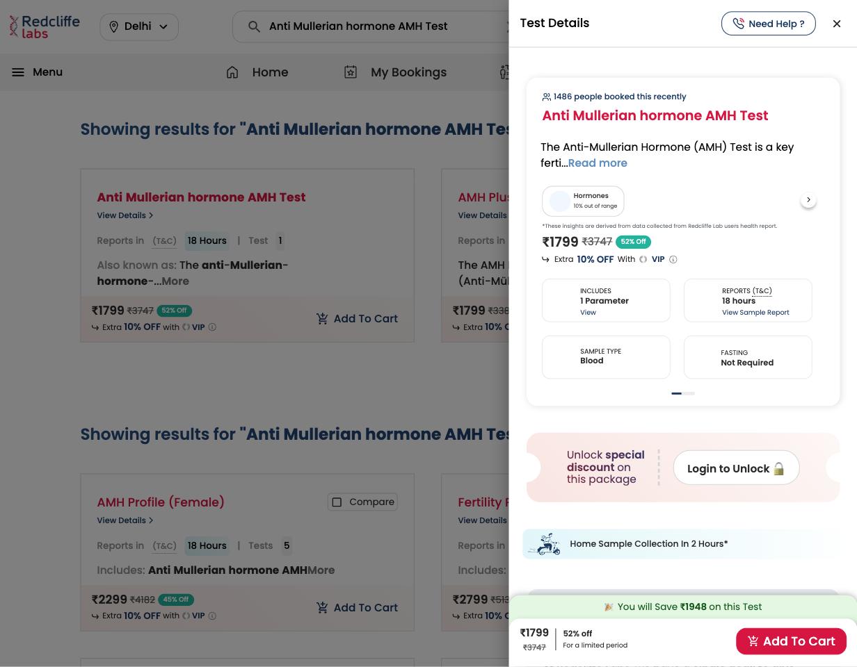Redcliffe Labs AMH (Anti-Müllerian Hormone) Test price screenshot — ₹1,799