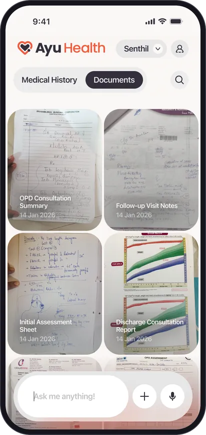 Ayu app documents tab with scanned prescriptions and reports